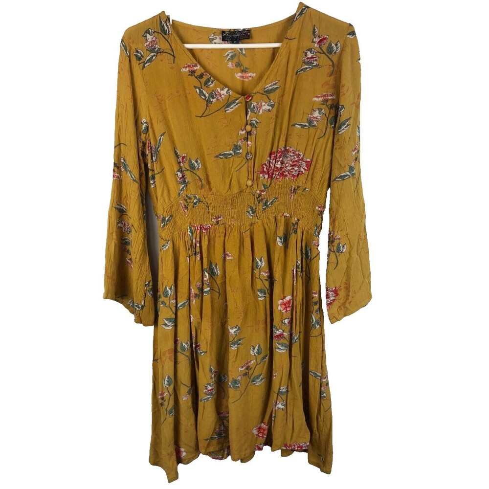 J Gee Dress Womens M Yellow Floral Maxi Cottagecore Peasant Boho Garden